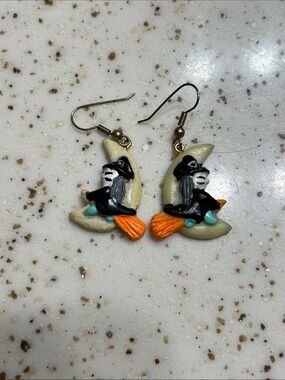 Whimsical Witch on Moon Dangle Earrings - Black, Orange, Teal